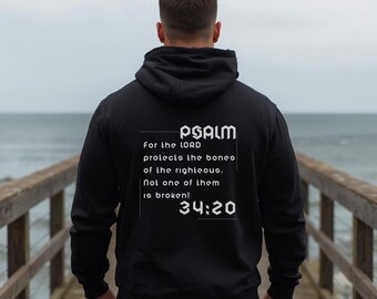 Psalm 34:20 Bible Verse Hoodie, Christian Bible Verse Pullover Sweatshirt, Faith Statement Apparel, Back Print Hoodie
