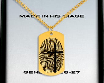 Made in His Image Cuban Chain Tag Necklace - Christian Men's Jewelry, Jesus Cross Faith Pendant