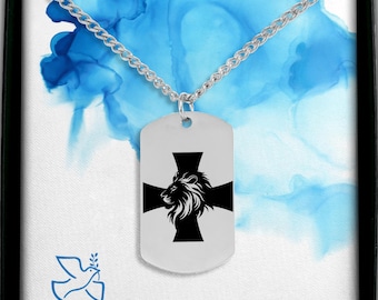 Christian Cross Necklace for Men – Templar Cross with Lion – Engraved Faith Jewelry – Personalized Gift – Stainless Steel Cuban Chain