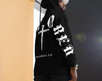 RESTORED 2 Corinthians 5:17 Christian Streetwear Unisex Hoodie - Faith Statement Piece, Black and White Pullover Sweatshirt