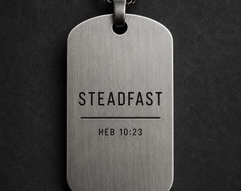 STEADFAST Cuban Chain Necklace – Hebrews 10:23 | Christian Dog Tag Pendant | Stainless Steel Scripture Jewelry | Minimalist Gift for Men