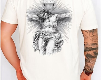 Jesus Crucifixion Illustration T-Shirt | Religious Jesus Graphic Back Print, White Comfort Colors Garment Dyed Tee