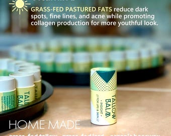 May include: A close-up of a Tallow Balm lip balm tube with a green and white geometric design. The text on the tube reads "Tallow Balm" and "Insight // For Lips & Skin //". The image also shows other lip balm tubes and text about the product's ingredients.