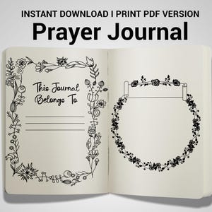 Pode incluir: Um diário de oração imprimível em preto e branco com um design floral. A capa apresenta o texto "Este diário pertence a" com uma linha em branco para personalização.