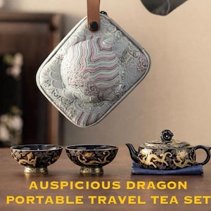 Auspicious Dragon Enamel Travel Tea Set, Porcelain Hand-Painted Fortune Tea Set, Ceramic Teaware, Compact Teaware Set, Gift for Tea Lovers