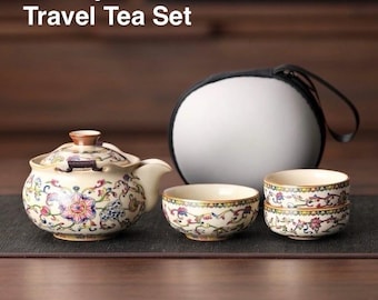 Luxury Vintage Floral Travel Tea Set, Porcelain Minimalistic Tea Set, Ceramic Floral Design Teaware, Compact Teaware Set, Gift for Tea Lover