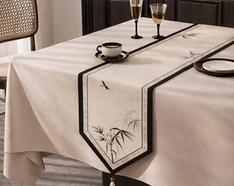 Bambusgeflüster Tisch- & Bettläufer, Französischer Garten Botanischer Läufer mit Quaste, Vintage Tischdekoration, Option mit mehreren Längen