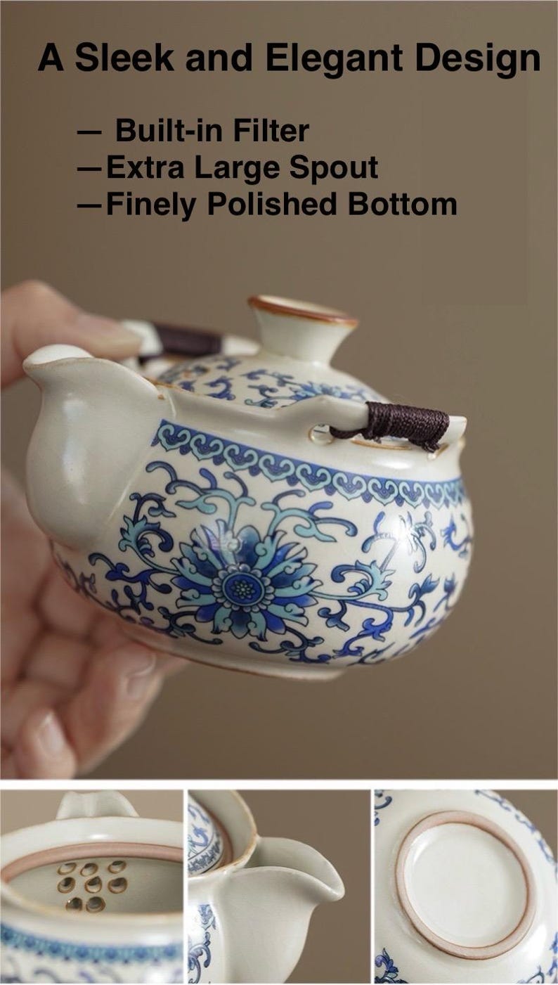 May include: A white and blue floral patterned teapot with a built-in filter and extra-large spout. The teapot has a finely polished bottom and a brown handle. The text on the image says "A Sleek and Elegant Design".