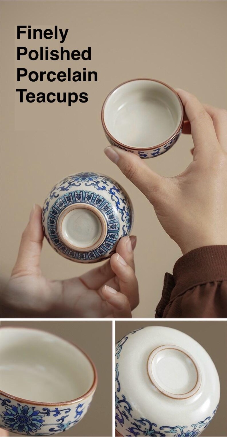 May include: Finely polished porcelain teacups. The teacups are white with blue floral patterns and a brown rim. One teacup is held upside down, showcasing the intricate design on the base. The text "Finely Polished Porcelain Teacups" is visible.
