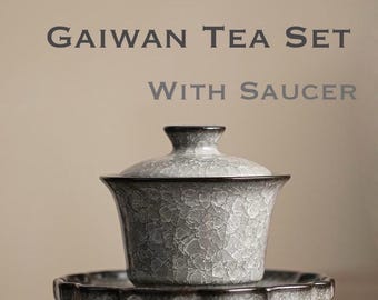 Gaiwan-Teeset mit Crackle-Glasur - Eisriss-Textur, die sich im Laufe der Zeit entwickelt, Frosted Grey & Jade Green, Gongfu-Teeliebhaber-Geschenk