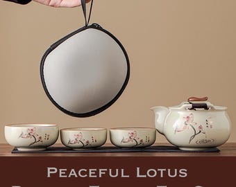 Service à thé compact Lotus paisible, Service à thé de voyage en porcelaine, Service à thé de voyage en céramique, Service à thé minimaliste, Théière et tasses, Cadeau pour les amateurs de thé