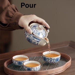 May include: A small, ornate teapot with a blue and white floral design is pouring tea into matching cups. The cups and teapot sit on a wooden tray with a glass insert. The text "With a Smooth Controlled Pour" is at the top of the image.