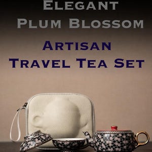 May include: A travel tea set with a black and white floral design. The set includes a teapot, two cups, and a cream-colored carrying case. The text "ELEGANT PLUM BLOSSOM ARTISAN TRAVEL TEA SET" is visible.