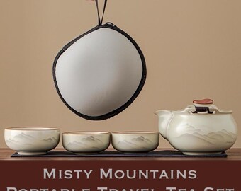 Misty Mountains Compact Tea Set, Porcelain Travel Tea Set, Ceramic Travel Teaware, Minimalistic Teaware, Teapot & 3 Cups, Gift for Tea Lover
