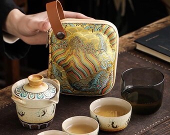 Juego de té de viaje Flying Apsaras, porcelana Dunhuang Mogao, diseño de arte rupestre, vajilla de cerámica, juego de té compacto, regalo para amantes del té.