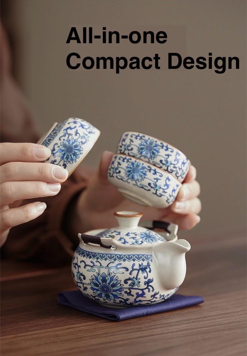 May include: A white ceramic tea set with blue floral patterns. The set includes a teapot, two small cups, and a rectangular piece. The text "All-in-one Compact Design" is displayed at the top of the image.