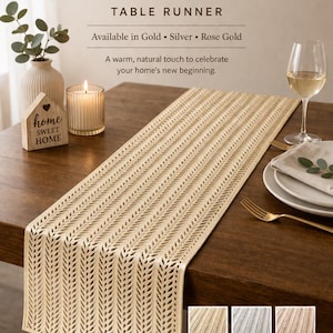 May include: A golden wheat-colored table runner with a woven design. The runner is displayed on a dark wooden table, with text that reads "Golden Harvest Wheat Table Runner". Additional colors available: Gold, Silver, and Rose Gold.