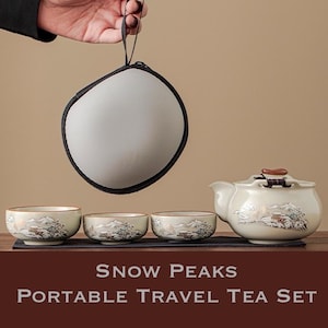 Snow Peaks Compact Tea Set, Porcelain Travel Tea Set, Ceramic Travel Teaware, Minimalistic Teaware, Teapot & Three Cups, Gift for Tea Lovers
