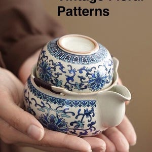 May include: Hand-painted vintage floral pattern tea set. The set includes a small teapot with a spout and a lid, and a matching cup. The design features blue floral patterns on a white background. The text "Hand-painted Vintage Floral Patterns" is visible.