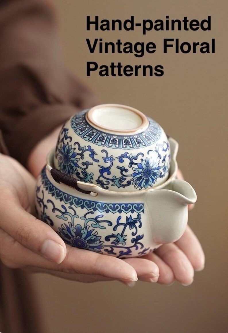 May include: Hand-painted vintage floral pattern tea set. The set includes a small teapot with a spout and a lid, and a matching cup. The design features blue floral patterns on a white background. The text "Hand-painted Vintage Floral Patterns" is visible.