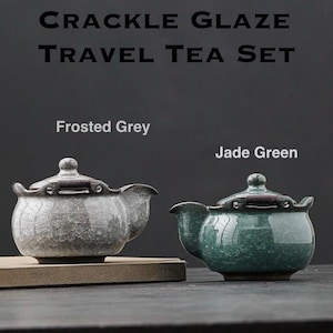 Bärbar reseservis med Crackle Glaze – Frostade grå och jadegröna tekannor med två tekoppar, bärbar keramisk Gongfu-servis, present till teälskare