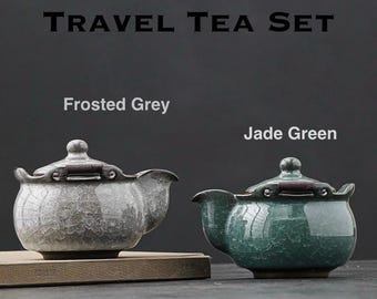 Portable Crackle Glaze Travel Tea Set – Frosted Grey & Jade Green Teapots with Two Teacups, Portable Ceramic Gongfu Tea Set, Tea Lovers Gift
