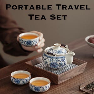 Portable Porcelain Chrysanthemum Tea Set with Travel Case, Chrysanthemum Gongfu Teapot & 3 Cups | Compact Chinese Tea Set, Tea Lovers’ Gifts image 1
