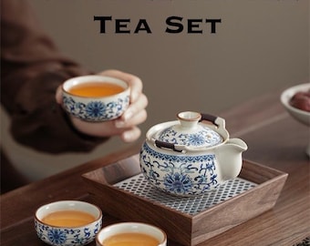 Service à thé portable chrysanthème en porcelaine avec étui de voyage, théière chrysanthème Gongfu et 3 tasses | Service à thé chinois compact, cadeaux pour les amateurs de thé