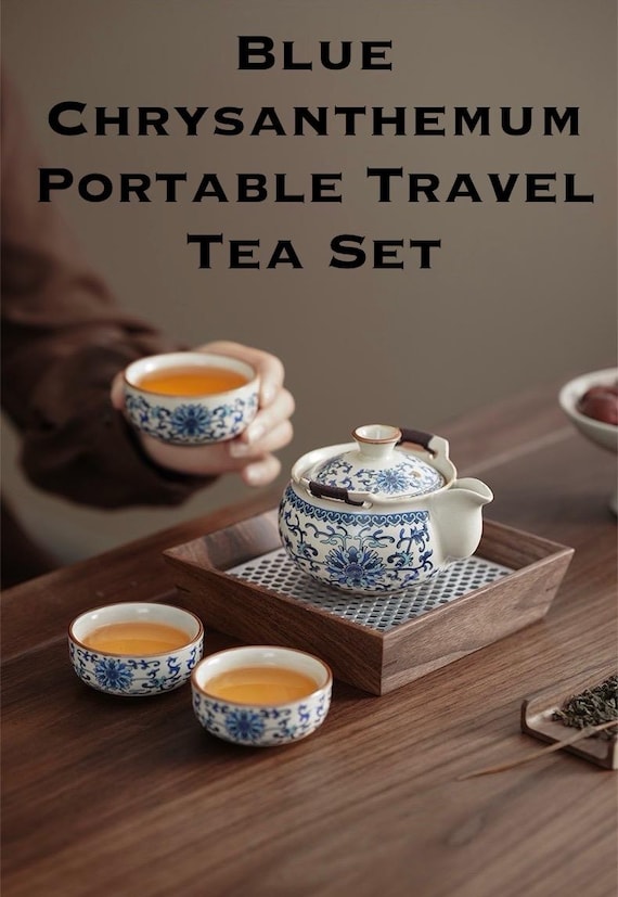 Portable Porcelain Chrysanthemum Tea Set with Travel Case, Chrysanthemum Gongfu Teapot & 3 Cups | Compact Chinese Tea Set, Tea Lovers’ Gifts