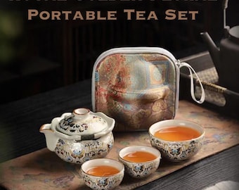 Juego de té de viaje con diseño floral dorado real, elegante juego de té de cerámica, exquisita colección de té portátil, juego de té compacto, regalo para amantes del té.