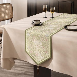 Enchanted Forest Table Runner, French Garden Botanical Runner w Tassel, Vintage Floral Table Decor, Multiple Length Option Housewarming Gift