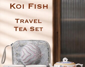 Anmutiges Koi Fisch-handbemaltes Emaille-Reise-Teeset, minimalistisches Keramik-Blumengeschirr mit Goldbesatz, kompaktes Teeset, Geschenk für Teeliebhaber