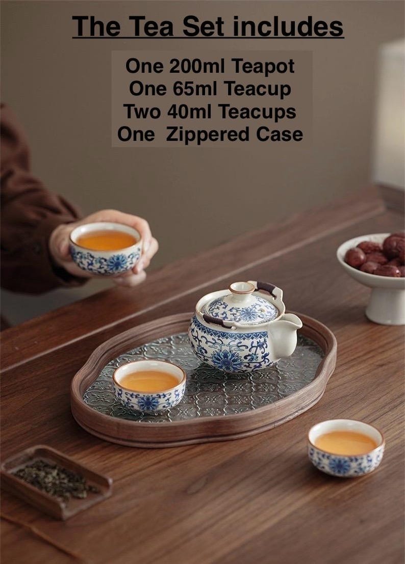May include: A tea set with a teapot, teacups, and a zippered case. The teapot and teacups have a blue and white floral design. The text on the image says the set includes a 200ml teapot, a 65ml teacup, two 40ml teacups, and a zippered case.