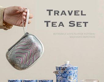 Juego de té de viaje vintage de lujo con flores de loto azul, de porcelana, con diseño floral de cerámica, compacto, ideal como regalo para los amantes del té.