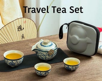 Service à thé portable Fleurs de prunier en porcelaine avec étui de voyage | Théière Gongfu Plum Blossoms et 3 tasses | Service à thé chinois compact, cadeau pour les amateurs de thé