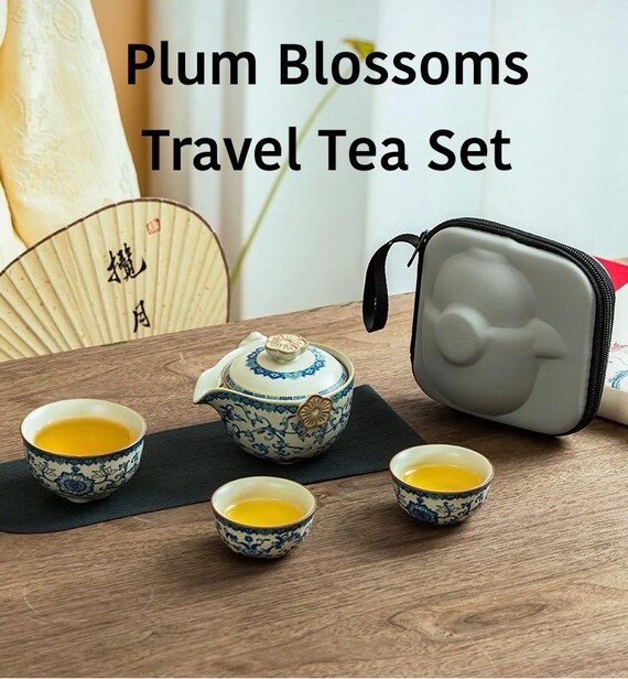 Portable Porcelain Plum Blossoms Tea Set with Travel Case | Plum Blossoms Gongfu Teapot & 3 Cups | Compact Chinese Tea Set, Tea Lovers’ Gift