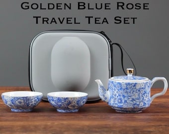 Service à thé en céramique rose bleu doré, service à thé de voyage exquis, service à thé de voyage en porcelaine, service à thé compact, théière et tasses, cadeau pour amateur de thé