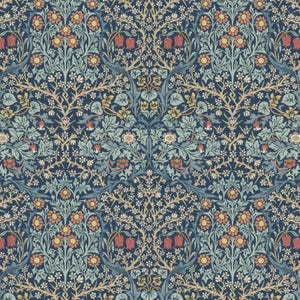 May include: A repeating pattern featuring stylized floral and foliate elements in shades of navy blue, teal, orange, and cream. The design includes detailed flowers, leaves, and branches, creating a symmetrical and ornate composition, suitable for fabric or wallpaper.
