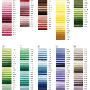 May include: A color chart of DMC embroidery floss with over 400 different colors. The chart is divided into 10 sections, each with a different color range. The colors are arranged in rows and columns, and each color is labeled with its DMC number. The chart also includes information about new colors and the availability of 1-meter cuts in assorted colors.