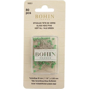 Glass Head sewing pin by Bohin. Blue, light purple, dark cobalt or multicolor