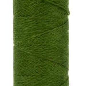 May include: A spool of green thread with the text "28/2" and "Col" printed on the top. The thread is tightly wound around a cardboard core. The thread is a deep, forest green color.