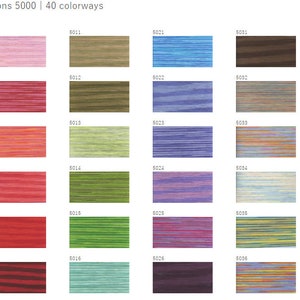 May include: A color chart showing 40 different colorways of yarn. The yarn is a variegated blend of colors, with each colorway having a unique combination of stripes and shades. The color chart is labeled "Seasons 5000 | 40 colorways".