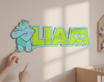 Monsters Sully Custom Name Wooden Wall Decor, Personalized Kids Room Sign, Nursery Wall Art, Character Name Door Sign