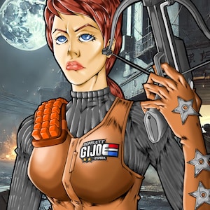 May include: A woman with red hair and blue eyes is holding a crossbow. She is wearing a brown vest with a G.I. Joe patch that says "Scarlett O'Hara". She is also wearing a black turtleneck and has a star-shaped patch on her arm.