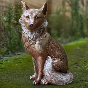 Large fox statue Realistic fox sculpture Outdoor wildlife figurine Rustic cement sitting fox Unique wild animal decoration Fox lover gift