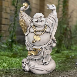 Uśmiechnięta statua Buddy Zewnętrzna figurka szczęśliwego Buddy Japońska buddyjska ozdoba Tradycyjna sztuka ogrodowa Figurka ogrodowa Zen Prezent dla miłośnika Buddy