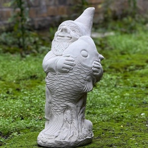 Concrete garden Gnome with Fish Whimsical garden figurine Outdoor Gnome decor Stone Gnome ornament Decorative Gnome Unique yard art decor