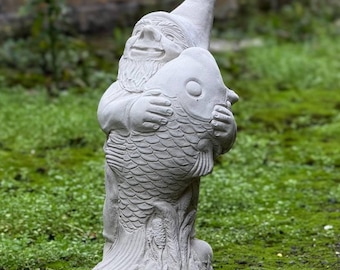 Concrete garden Gnome with Fish Whimsical garden figurine Outdoor Gnome decor Stone Gnome ornament Decorative Gnome Unique yard art decor