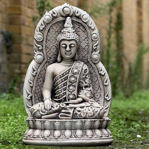 Unique ornate buddha figurine Sacred garden decor Outdoor meditation sculpture Intricate cement buddha Zen yard art Japanese ornament Gift