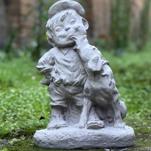 Playful boy and dog statue Whimsical garden decor Outdoor funny cement sculpture Charming yard ornament Child and pet decoration Home figure